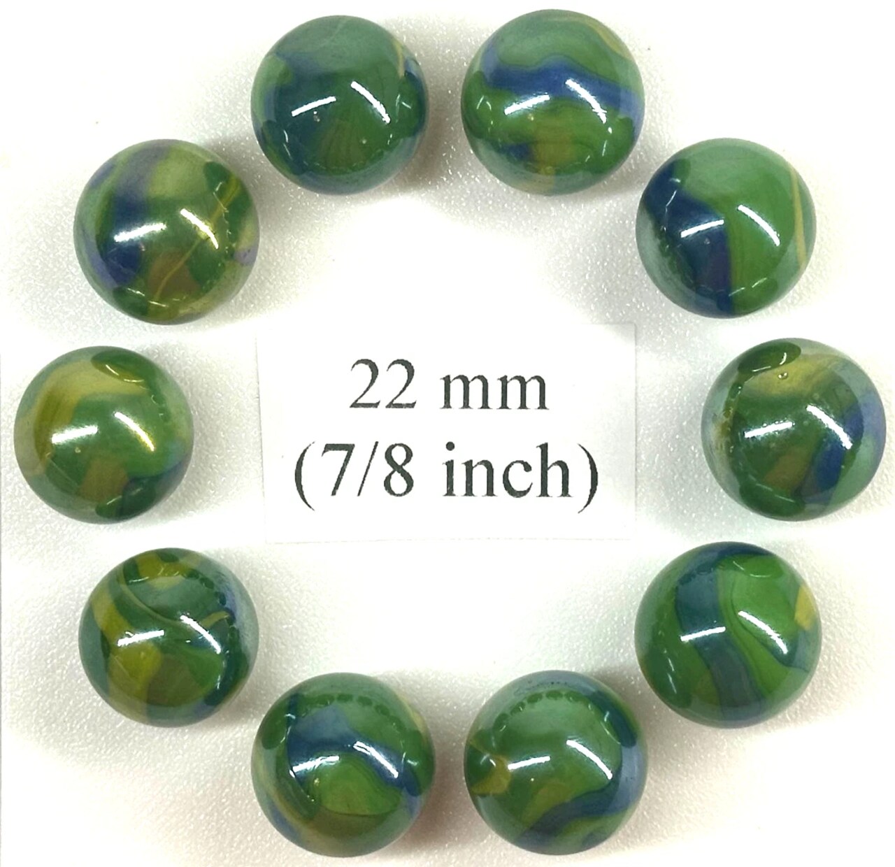 PEACOCK Green/Blue/Yellow Iridescent Glass Marbles 22mm (7/8 inch) SHOOTER Taw (Lot of 10)
